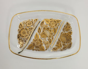 Georges Briard Gold Floral Divided Serving Plate - Candy Dish - MCM - Mid Century - Vintage - Glass