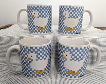 Set of 4 Goose / Duck Coffee Mugs - Country Blue Checkered - KIC Korea - Geese - Vintage