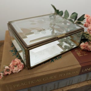 Floral Etched Glass and Brass Trinket Jewelry Box - Mirror Bottom - Beveled Panels - Vintage