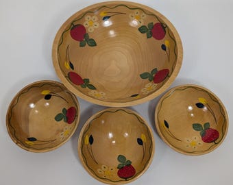4 Wood Bowl Set with Hand Painted Strawberry Design - Primitive Style - Folk Art - Vintage