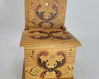 Wood Folk Art Style Salt Box - Handpainted - 80s Vintage