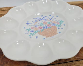 Auntie Em Deviled Egg Tray - Hallmark Treasure Craft Platter - Vintage 80s - Flower Basket Design - Pastel