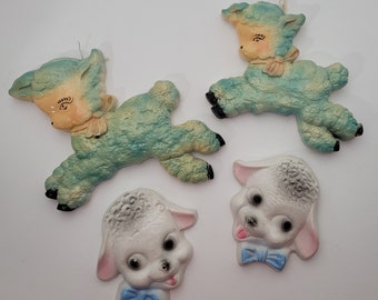 Lamb Chalkware Wall Plaques - 2 Pair - Wall Hanging - Kitch - Nursery Children's Room - Vintage