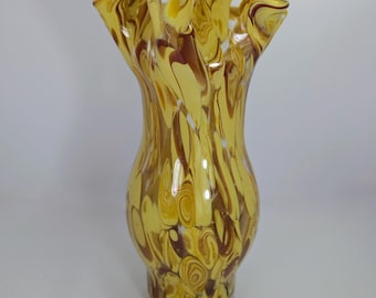 Yellow Swirl Murano Style Tall Ruffled Glass Vase - Vintage