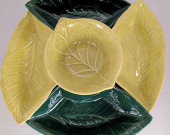 California Pottery Lazy Susan Serving Dish Set with Spinning Wood Tray - Green Leaf Design - Vintage