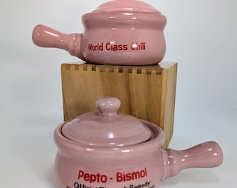Pepto Bismol Pink Chili Bowls with Lids - International Chili Society - Crocks - Unique Vintage