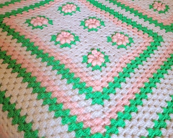 Crochet Knit White Pink and Green Blanket - Grandma Throw - Strawberry Color Scheme - Nursery - Childs room - Vintage