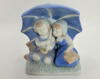 Boy and Girl with Umbrella Figurine- Blue and White Porcelain - Vintage