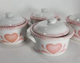 4 Pink Heart Stoneware Dishes with lids - Canisters - Bowls - Country - Vintage