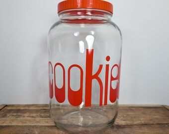 Carlton Cookie Jar - Clear Glass with Bright Red Graphic and Lid - 3 Liter - Vintage