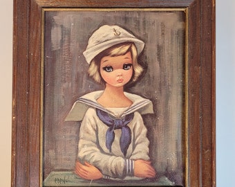 Vintage Sailor Girl Framed Print by Eden - Nautical Art - 70's - Big Eyed Girl- 8x10