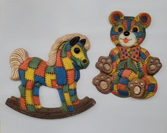 Patchwork Teddy Bear and Rocking Horse Wall Hangings by Foam Craft - Wall Decor - 1970's Vintage - Nursery- Childs Room Decor