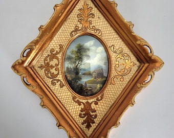 Miniature Oil Painting by Van Holt - Original Art - Unique Diamond Frame with Curved Glass - Vintage