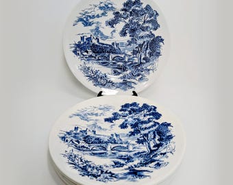Set of 6 "Countryside" Dinner Plates by Wedgewood England - Blue and White Transferware - Vintage