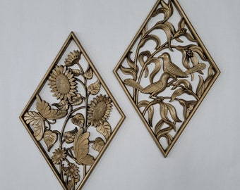 2 Wall Hangings by Burwood - Diamond Shaped Wall Plaques - Birds and Flowers - 1970's Vintage