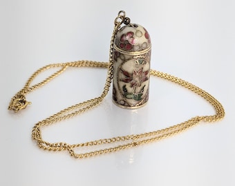Cloisonné Enamel Perfume Bottle Pendant Necklace - Scent Vessel Container with Floral Design - Vintage Jewelry