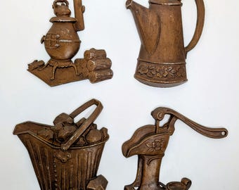 Set of 4 Metal Kitchen Wall Hangings - Made by Sexton - Bronze - Country Decor - Farmhouse Vintage