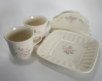 Pfaltzgraff Tea Rose Collection - Tea Cups - Napkin Holder - Candy Dish - Pink Floral - Vintage