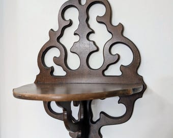 Vintage Fretwork Shelf - Ornate Scroll Work Dark Wood - Wall Decor - Small Knick Knack Display Shelf