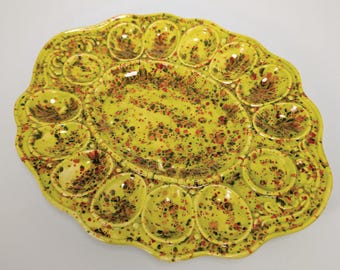 Colorful Speckled Deviled Egg Tray - Ceramic - Yellow - 1968 - Unique - Vintage Serving Dish