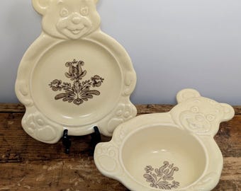 Pfaltzgraff Village Teddy Bear Porridge Bowl  and Plate - Child Dishes - Stoneware - Vintage