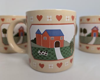 Vintage Heart and Home Coffee Mugs - Set of 4 - Country Farmhouse Cottage - Made by Raintree Japan