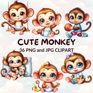 36 Cute Monkey Clipart Mega Bundle, Watercolor Jungle Animals PNG & JPG, Safari Baby Shower Decor, Digital Scrapbooking
