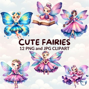 12 Watercolor Cute Fairies Clipart Bundle, Fairy PNG, Fantasy Clipart, Magical Fairy, Enchanted Forest, Nursery Decor, JPG Files
