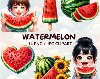 Watercolor Watermelon Clipart: Summer Fruit PNG, JPG (Digital Download)