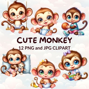 12 Cute Monkey PNG, Watercolor Clipart Bundle, Monkey JPG, Zoo Animals Clipart, Safari Animals, Jungle Animals, Baby Shower Decor