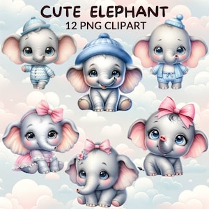 12 Watercolor Elephant Clipart Bundle, Cute Pink and Blue Elephant PNG & JPG Files, Safari Nursery Decor, Jungle Birthday Party