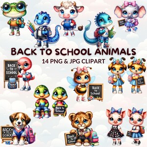 14 Watercolor Cartoon Back to School Animals Clipart Bundle, Cute Animal PNG & JPG, Classroom Decor, Digital Download, School Supplies