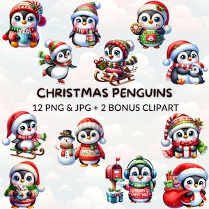 12 Christmas Penguin Clipart Bundle, Cute Penguin PNG & JPG, Winter Clipart, Xmas Animals Png,  Holiday Decorations, Digital Download
