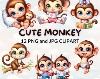 Watercolor Monkey Clipart Bundle, Jungle Animals PNG JPG (Instant Download)