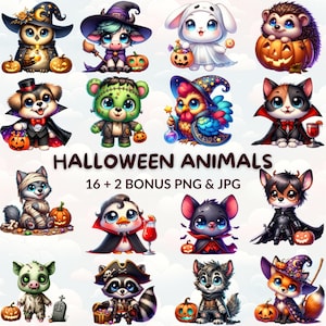 Watercolor Cartoon Halloween  Animals Bundle Clipart, 16 Cute Halloween Animal PNG & JPG, Nursery Decor, Trick or Treat Clipart