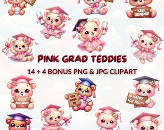 Watercolor Graduation Bear Clipart: Pink Teddy Bears PNG, JPG (Digital Download, Personal Use Only)