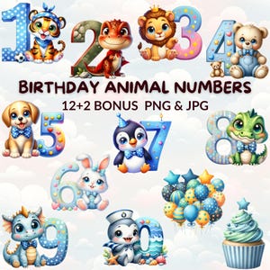 Aquarell Geburtstag Tierzahlen Clipart Bundle, 12 süße Tiere PNG & JPG, Geburtstagsdekoration, Babyparty, Kinderzimmer Dekor