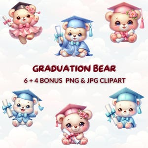 Graduation Bear Clipart Bundle, 6 Watercolor Cartoon PNG JPG, Graduate Teddy Bears, Preschool, Kindergarten, Sublimation, Nursery Decor
