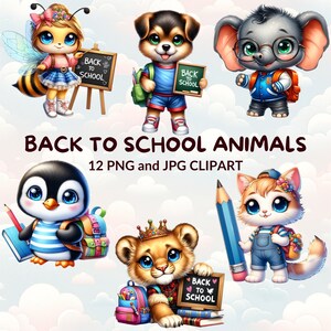 12 Watercolor Cartoon Back to School Animals Clipart Bundle, Cute Animal PNG and JPG Files, Classroom Decor, Digital Download