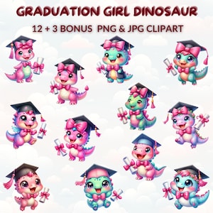 Graduation Girl Dinosaur Clipart Bundle, 12 Watercolor Cartoon PNG JPG, Graduate Dino, Kindergarten, Preschool, Sublimation, Nursery Decor