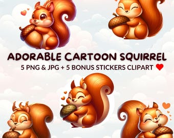 Adorable Squirrel Clipart Bundle, Nursery Art (PNG & JPG)