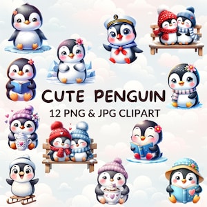 Watercolor Penguin Clipart Bundle, 12 Cute Arctic Animal PNG & JPG, Baby Shower, Winter Decor, Polar Animals, Digital Download