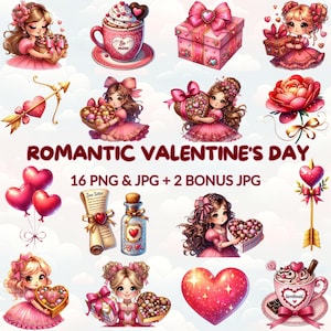 Romantic Valentine’s Day Lovely Girl Clipart Bundle, 16 Watercolor  PNG & JPG,  Hearts, Bow and Arrow, Gift Boxes, Mug, Digital Download