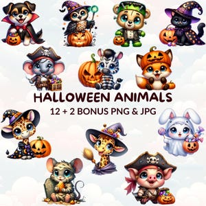 Watercolor Cartoon Halloween Animals Bundle Clipart, 12 Cute Halloween Animal PNG & JPG, Nursery Decor, Trick or Treat Clipart