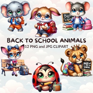 12 Watercolor Cartoon Back to School Animals Clipart Bundle, Cute Animal PNG, Classroom Decor, Digital Download, School Supplies