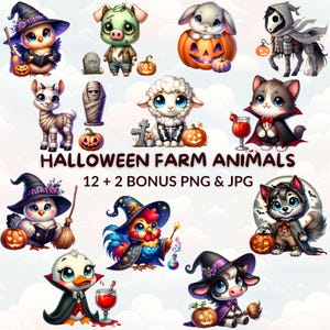 Watercolor Cartoon Halloween Farm Animals Bundle Clipart, 12 Cute Halloween Animal PNG & JPG, Nursery Decor, Trick or Treat Clipart