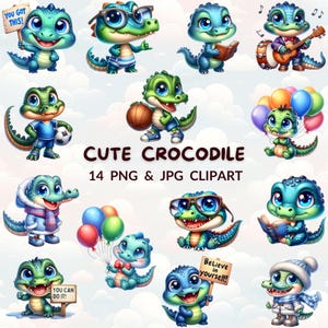Cute Watercolor Cartoon Crocodile Clipart Bundle, 14 PNG & JPG Reptiles, Nursery Animal Decor, Baby Shower, Cute Animal Clipart