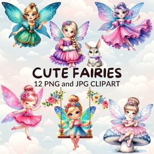 12 Watercolor Cute Fairies Clipart Bundle, Fairy PNG, JPG Files, Fantasy Clipart, Magical Fairy, Enchanted Forest, Nursery Decor