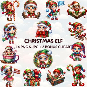 Christmas Elf Clipart Bundle, Cute Watercolor Cartoon Holiday Elves PNG & JPG for Crafts and Decor, Digital Scrapbooking, Nursery Decor