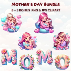 Mother’s Day Clipart Bundle, MOM Letters and Mother Daughter Hug, 8 Cute Watercolor Cartoon Glossy PNG JPG, Nursery Decor, Sublimation Art